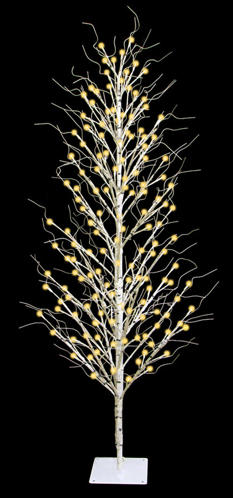 This image shows the 5 ft. fake birch tree on a black background. The frame, branches and base are all white. The lights are warm white.