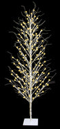 This image shows the 5 ft. fake birch tree on a black background. The frame, branches and base are all white. The lights are warm white.