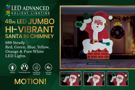 This image shows the packaging this item comes in. It reads "LED Advanced Holiday Lighting. 48 inch LED jumbo hi-vibrant Santa in chimney. 689 steady red, green, blue, yellow, orange and pure white LED lights. The lights are continuous-on. Can be used indoors or outdoors. Four ground stakes are included."