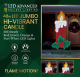 This image shows the packaging that this candle decoration comes in. It reads "LED Advanced Holiday Lighting. 48 inch LED jumbo hi-vibrant candle. 383 twinkling red, green, orange and pure white LED lights. The lights are continuous-on. Can be used indoors or outdoors. Includes four ground stakes."
