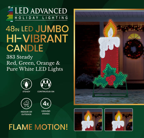 This image shows the packaging that this candle decoration comes in. It reads "LED Advanced Holiday Lighting. 48 inch LED jumbo hi-vibrant candle. 383 twinkling red, green, orange and pure white LED lights. The lights are continuous-on. Can be used indoors or outdoors. Includes four ground stakes."