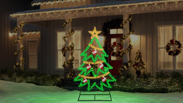 This animated image shows the twinkling tree decoration on a snowy yard in front of a house decorated for Christmas.