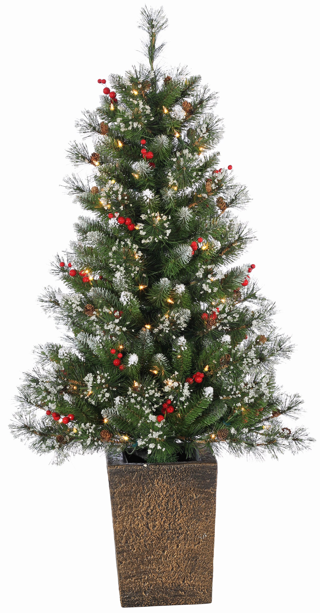 This image shows this specific tree in a bronze pot. The branches are flocked and feature red berries and pine cones. This image shows the tree on a white background.
