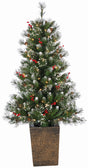 This image shows this specific tree in a bronze pot. The branches are flocked and feature red berries and pine cones. This image shows the tree on a white background.