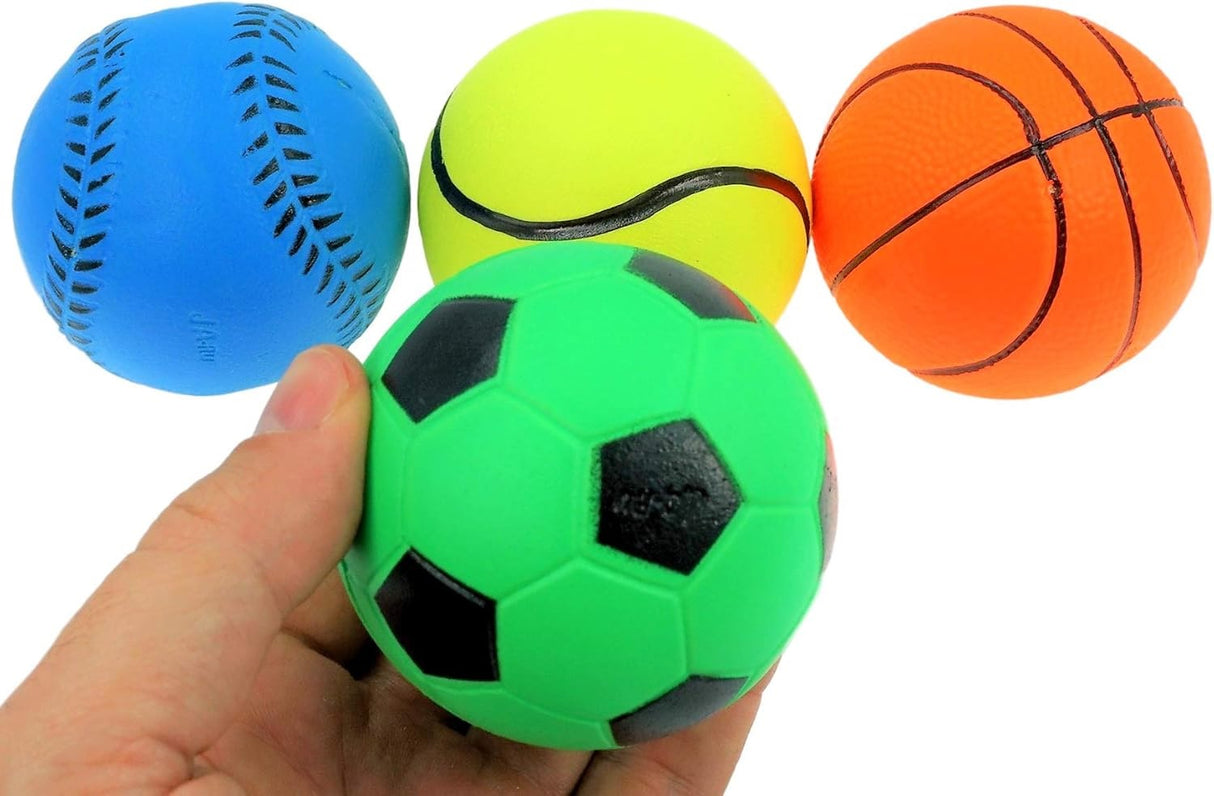 Spongy ball. One ball is designed to look like a blue baseball. One ball is designed to look like a yellow tennis ball. One ball is designed to look like an orange basketball. This image shows a hand holding the green soccer ball.