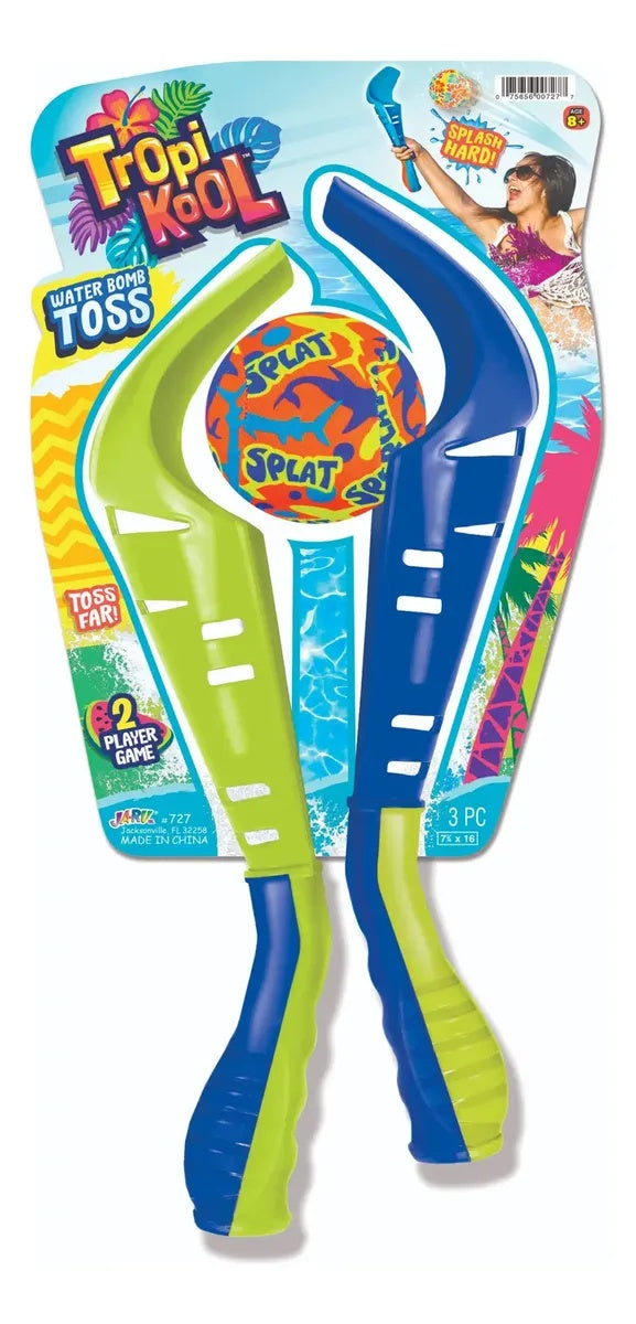 This image shows what the packaging looks like for this game. It reads "TropiKool Water Bomb Toss. Splash hard! Toss far! 2 player game." This set is lime green and blue.
