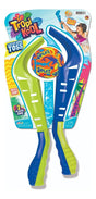 This image shows what the packaging looks like for this game. It reads "TropiKool Water Bomb Toss. Splash hard! Toss far! 2 player game." This set is lime green and blue.