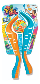 This image shows what the packaging looks like for this game. It reads "TropiKool Water Bomb Toss. Splash hard! Toss far! 2 player game." This set is orange and teal.