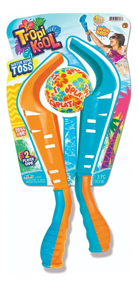 This image shows what the packaging looks like for this game. It reads "TropiKool Water Bomb Toss. Splash hard! Toss far! 2 player game." This set is orange and teal.