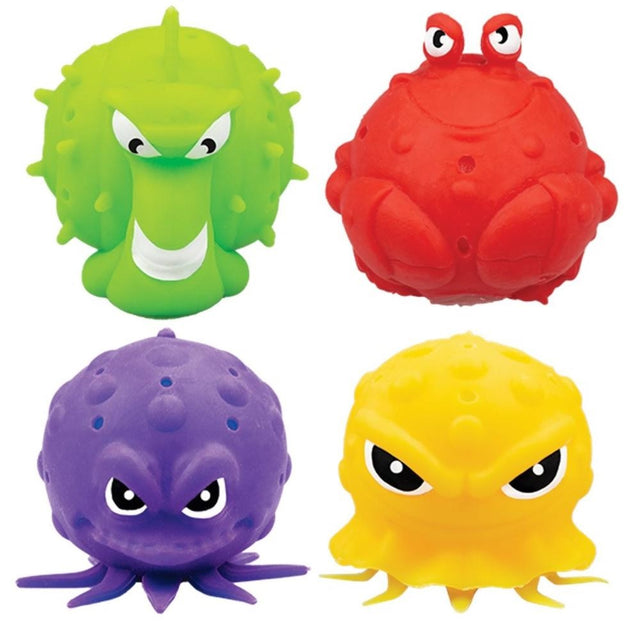 Ball shaped like an animal and absorbs water. One is shaped like a lime green snail. One is shaped like a red crab. One is shaped like a purple octopus. One is shaped like a yellow squid.