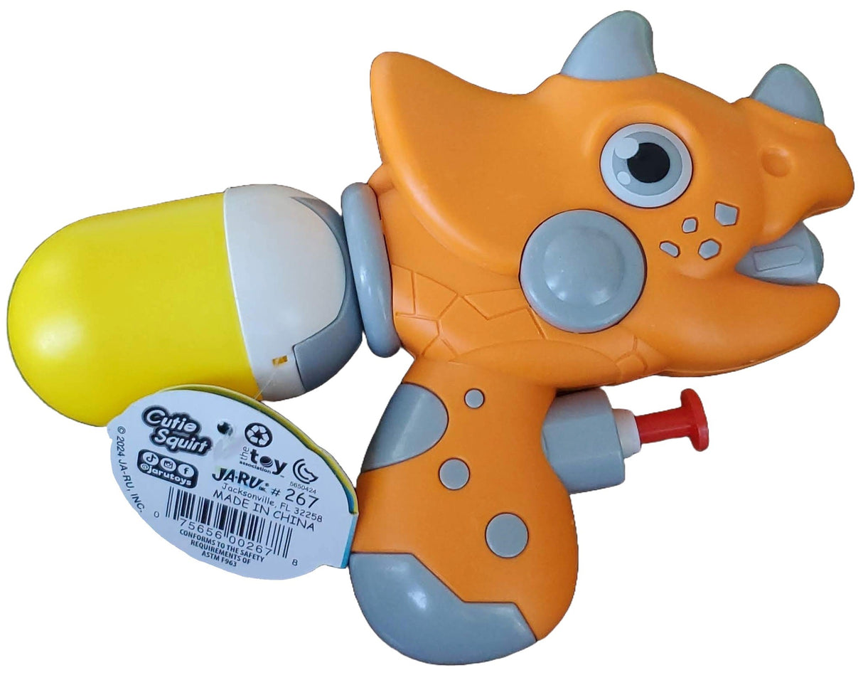 Small water gun shaped like an orange dinosaur.
