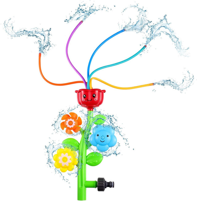 Sprinkler shaped like a stem with four "petals." The top flower has five wiggly hoses coming out of it. The other flowers spin to shoot the water in different directions. The flower colors in this image are red, orange, yellow and blue.