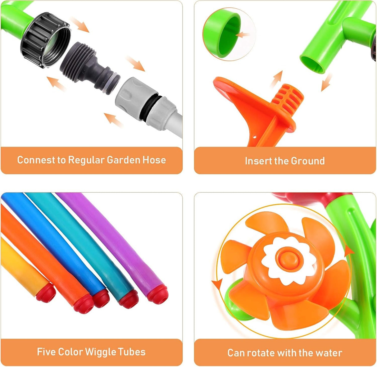 This image shows how you connect the sprinkler to a regular garden hose. It also shows the part that you insert into the ground to keep the sprinkler in place. It shows the five wiggle tubes in different colors. And it also shows one of the petals that rotates.