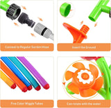 This image shows how you connect the sprinkler to a regular garden hose. It also shows the part that you insert into the ground to keep the sprinkler in place. It shows the five wiggle tubes in different colors. And it also shows one of the petals that rotates.