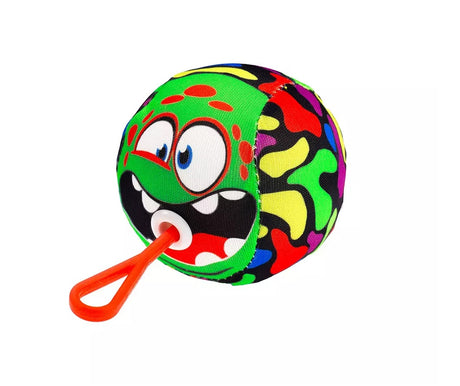 The Water Bomb Balls are shaped like multi-colored monsters with silly faces. This one is green with yellow, blue, red and pink splotches. The plastic cord is red.