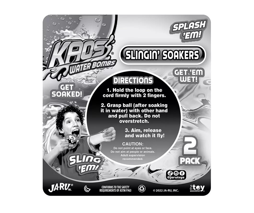 This is the back of the packaging for these slingin' soakers that shows the directions on how to use. Hold the loop on the cord firmly with 2 fingers. Grasp ball (after soaking it in water) with other hand and pull back. Do NOT overstretch. Aim, release and watch it fly!