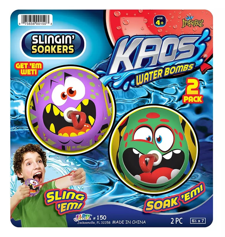 This is the packaging for the Kaos Water Bombs Slingin' Soakers. It's a 2 pack of foam water balls with a plastic cord that you pull to slingshot the ball into the air! You soak 'em and then sling 'em.