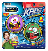 This is the packaging for the Kaos Water Bombs Slingin' Soakers. It's a 2 pack of foam water balls with a plastic cord that you pull to slingshot the ball into the air! You soak 'em and then sling 'em.