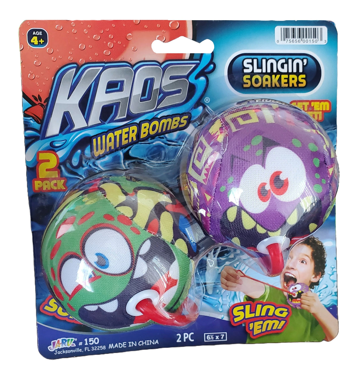 This is the packaging for the Kaos Water Bombs Slingin' Soakers. It's a 2 pack of foam water balls with a plastic cord that you pull to slingshot the ball into the air! You soak 'em and then sling 'em.