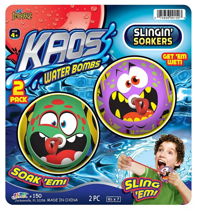 This is the packaging for the Kaos Water Bombs Slingin' Soakers. It's a 2 pack of foam water balls with a plastic cord that you pull to slingshot the ball into the air! You soak 'em and then sling 'em.