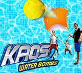 This image shows three people using the launcher to shoot a yellow balloon.
