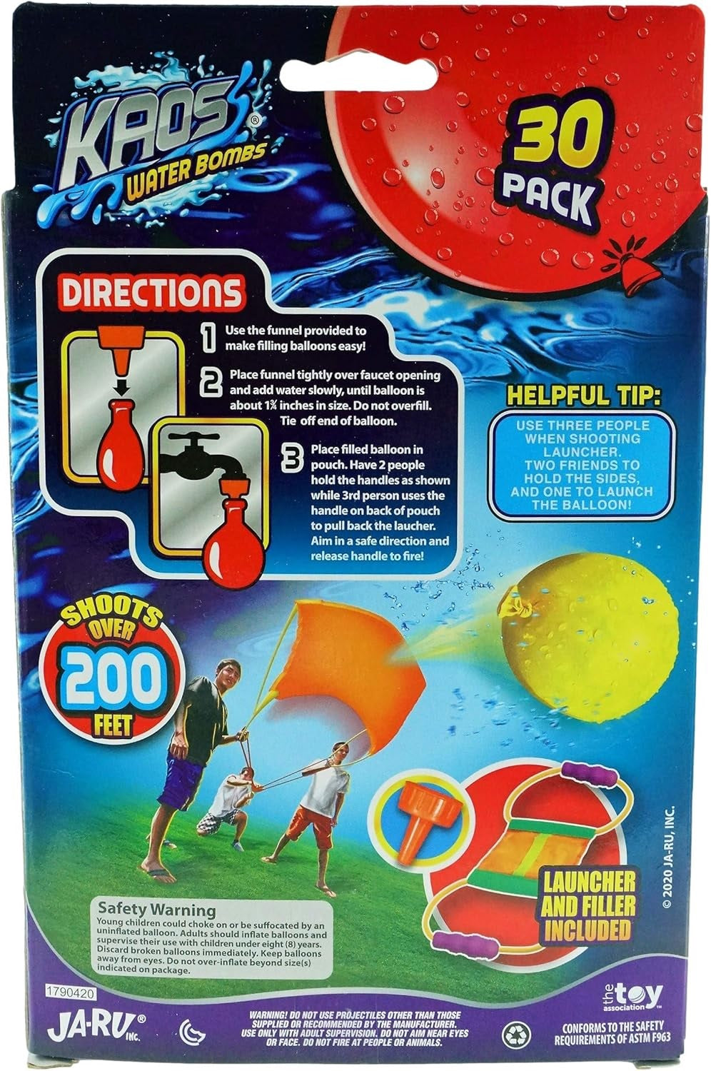 This image shows the back of the packaging with the directions. Use the funnel provided to make filling the balloons easy. 