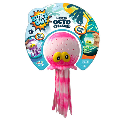 This image shows the pink color option for this Light Up Octo Splasher. It reads "soak and throw!" The toy is shaped like an octopus and has two yellow, goofy-looking eyes.