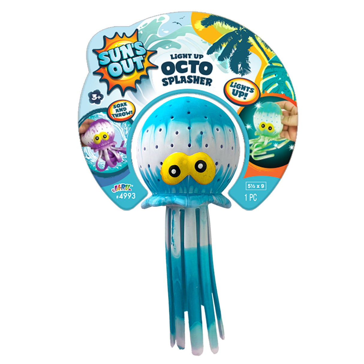 This image shows the light blue color option for this Light Up Octo Splasher. It reads "soak and throw!" The toy is shaped like an octopus and has two yellow, goofy-looking eyes.