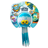 This image shows the light blue color option for this Light Up Octo Splasher. It reads "soak and throw!" The toy is shaped like an octopus and has two yellow, goofy-looking eyes.