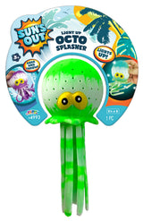 This image shows the lime green color option for this Light Up Octo Splasher. It reads "soak and throw!" The toy is shaped like an octopus and has two yellow, goofy-looking eyes.