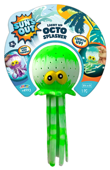 This image shows the lime green color option for this Light Up Octo Splasher. It reads "soak and throw!" The toy is shaped like an octopus and has two yellow, goofy-looking eyes.