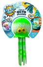 This image shows the lime green color option for this Light Up Octo Splasher. It reads "soak and throw!" The toy is shaped like an octopus and has two yellow, goofy-looking eyes.