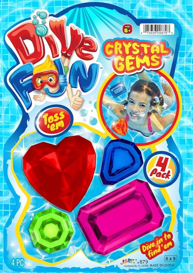 4 pack of diving toys shaped like crystals and gems. This one has a red heart, a blue triangle, a lime green octagon and a pink rectangle.