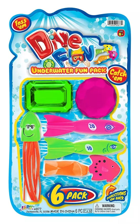 Dive toys. This set has a neon green rectangular gem, a neon pink circular gem, a green and orange smiling squid, a pink fish, a green fish and a pink and orange fish.