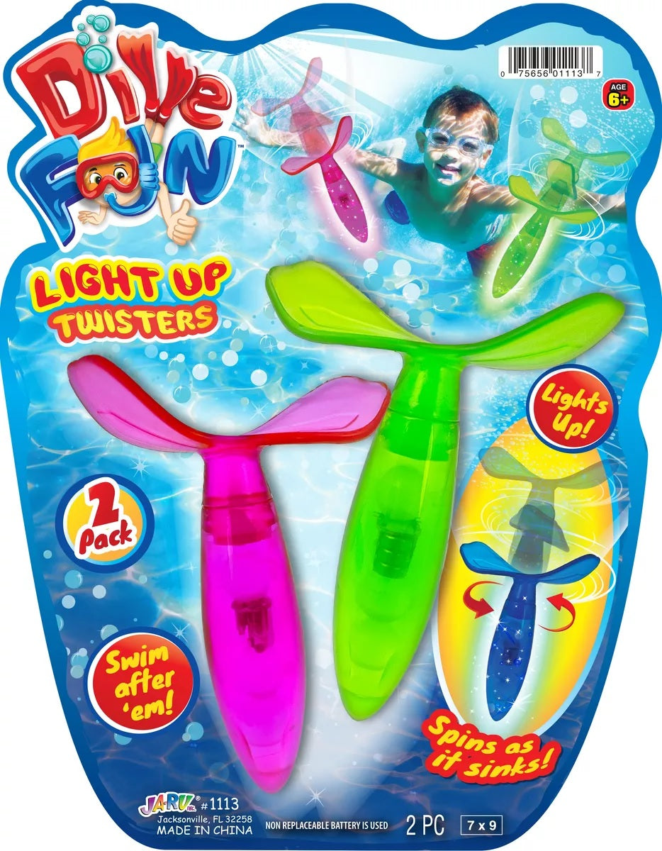Diving toys that light up and spin underwater. This is the packaging for the pink and green toys. 