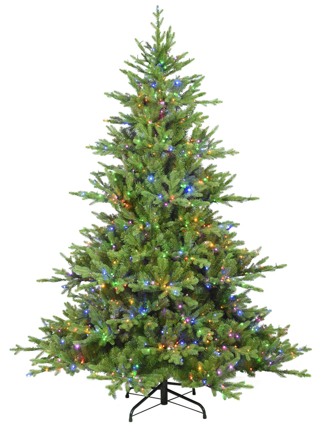 This image shows this specific 7.5 ft. artificial tree pre-lit with Multi-Colored Starry Lights. This tree is up against a white background.