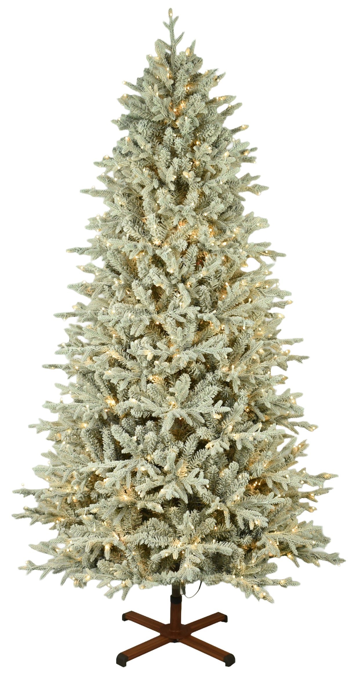 This image shows the flocked Christmas tree pre-lit with Warm White Starry Lights. The tree is up against a white background.