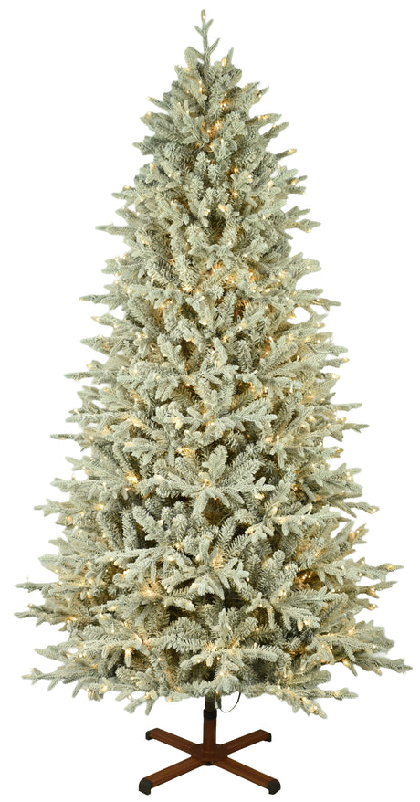 This image shows the flocked Christmas tree pre-lit with Warm White Starry Lights. The tree is up against a white background.