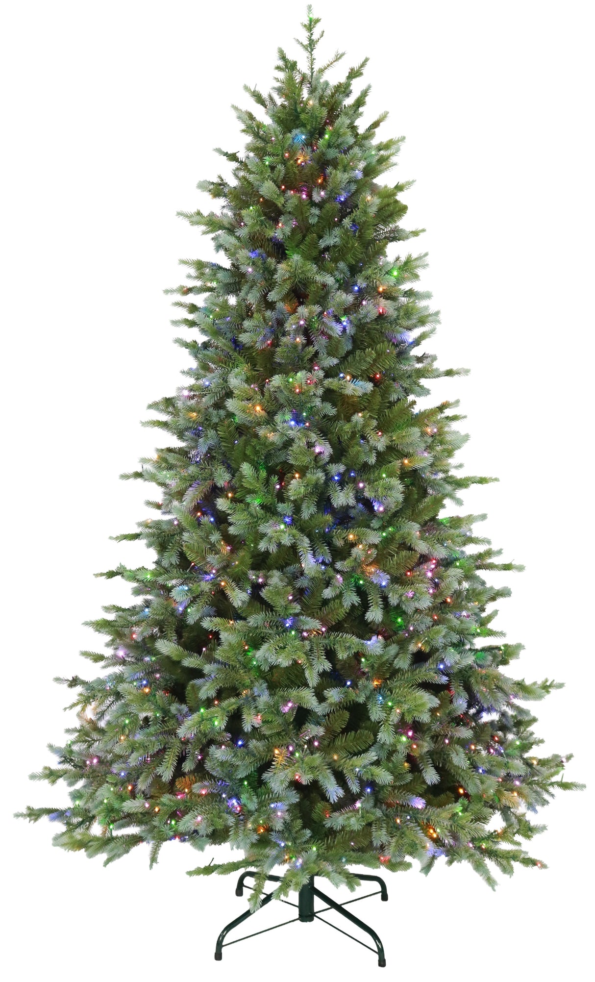 This is an image showing this artificial tree pre-lit with Multi-Colored Starry Lights. This tree is up against a white background.
