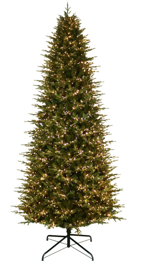 This 11 ft. artificial Christmas tree is pre-lit with Warm White Starry Lights. This tree is up against a white background.
