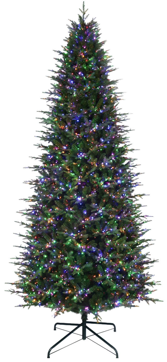 This 11 ft. artificial Christmas tree is pre-lit with Multi-Colored Starry Lights. This tree is up against a white background.
