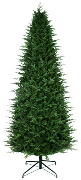 This 11 ft. artificial Christmas tree with the lights off. This tree is up against a white background.