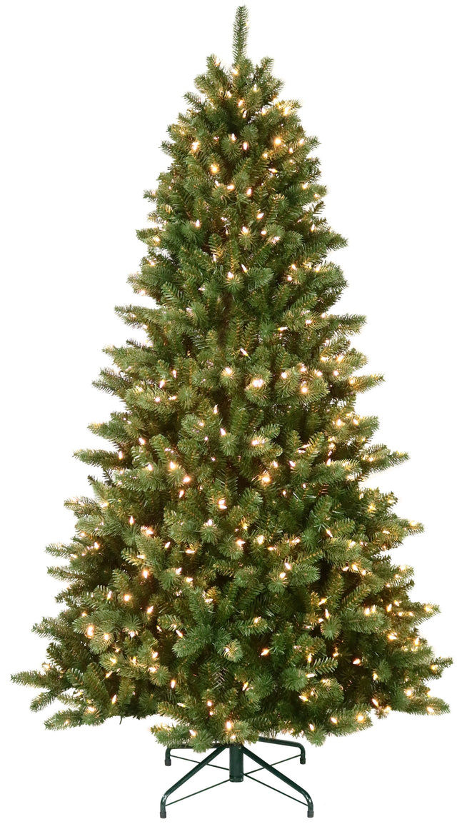 This is the 7.5 ft. tree with Warm White Starry Lights on. This tree is up against a white background.
