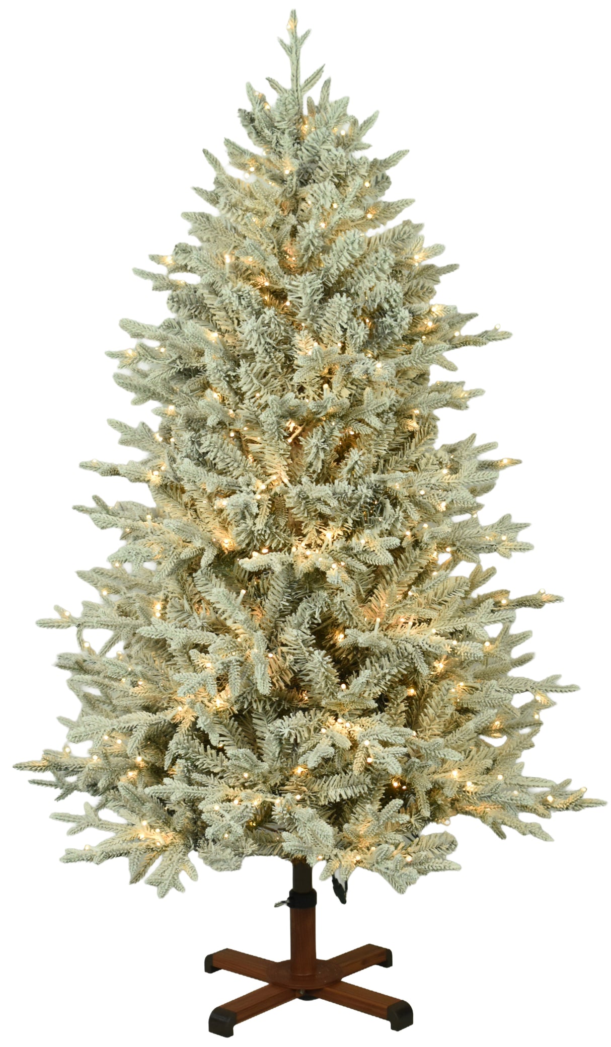 This image shows the flocked Christmas tree pre-lit with Warm White Starry Lights. The tree is up against a white background.