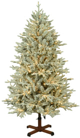 This image shows the flocked Christmas tree pre-lit with Warm White Starry Lights. The tree is up against a white background.