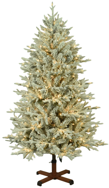 This image shows the flocked Christmas tree pre-lit with Warm White Starry Lights. The tree is up against a white background.