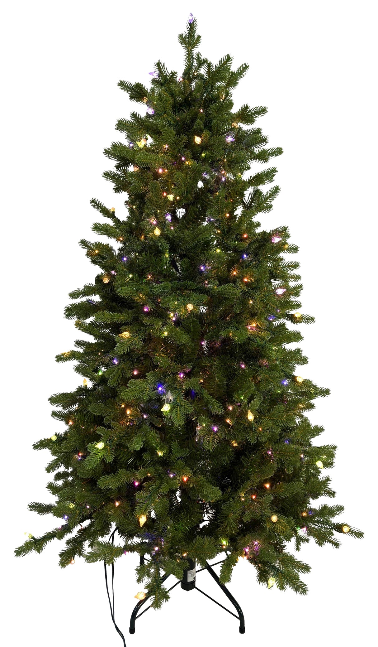 This image shows this specific artificial tree pre-lit with Multi-Colored Starry Lights. This tree is up against a white background.
