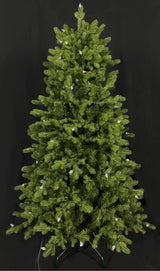 This image shows this specific artificial tree with the lights turned off. This tree is up against a black background.