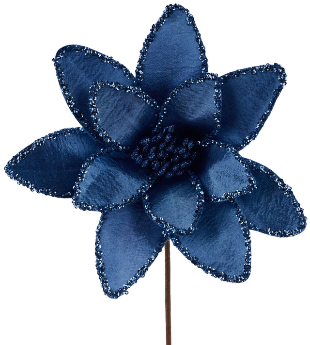 This image shows a Smoke Blue colored poinsettia stem with rounded petals. The center and the edges are decorated with smoke blue colored beads.