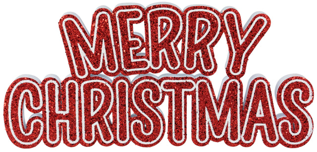 This image shows a decoration designed to sit on a shelf or in a centerpiece. It reads "MERRY CHRISTMAS" in a red and white glitter font.